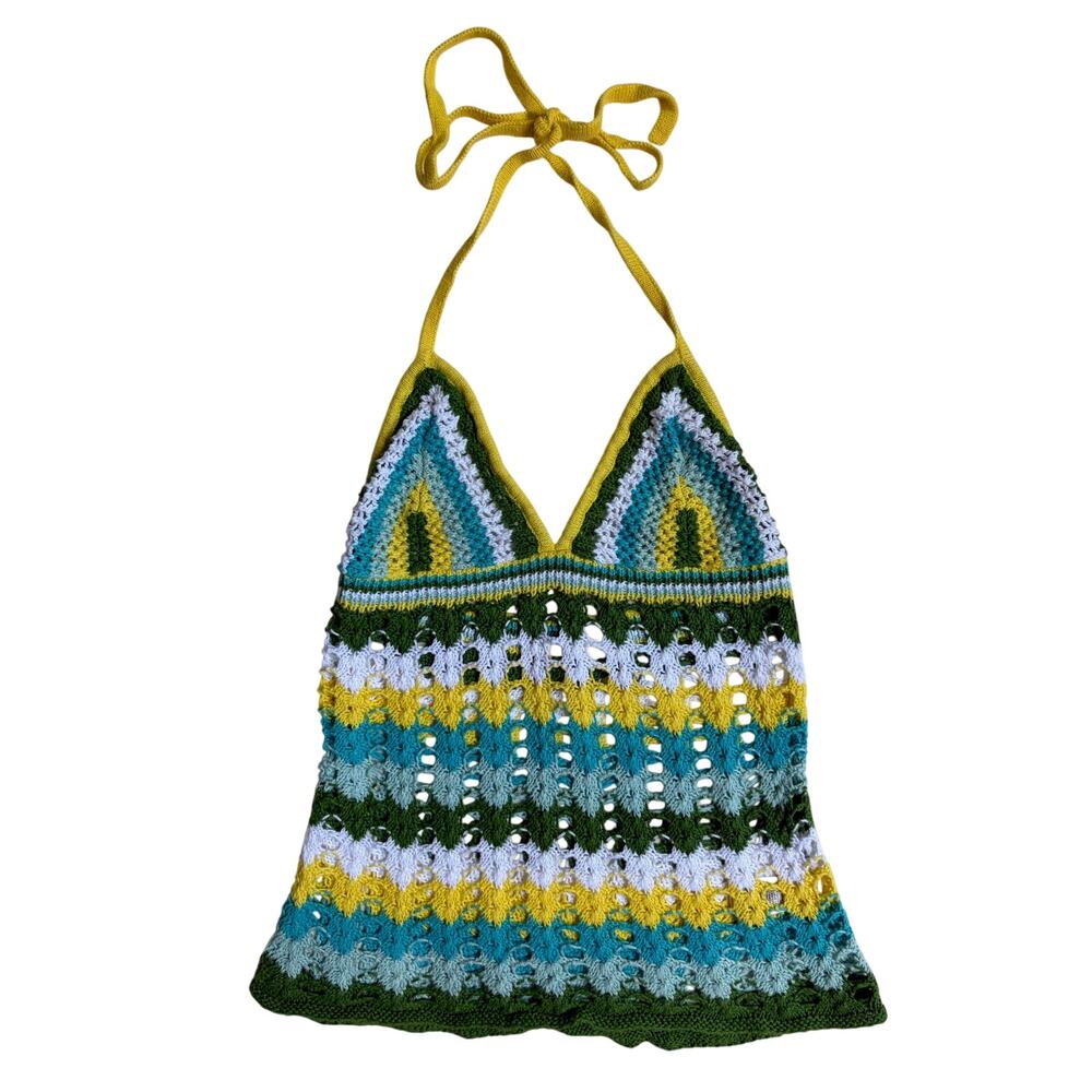 DKNY Vintage Y2K Colorful Crochet Halter Top (Green / Yellow / White) - Medium